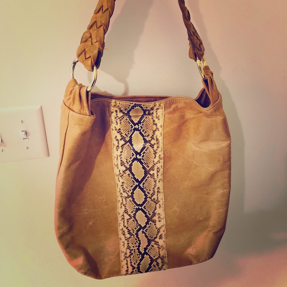 Tan leather handbag with snake skin detail